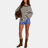 Women's Colour Block Striped Long Sleeve Round Neck Fitted Top