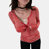 Women's Button Front Striped Knit Long Sleeve Polo Top with Pockets