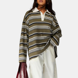 Women's Vintage Striped Polo Collar Oversized Long Sleeve Shirt