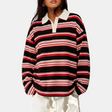 Women's Vintage Striped Polo Collar Oversized Long Sleeve Shirt