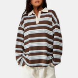 Women's Vintage Striped Polo Collar Oversized Long Sleeve Shirt