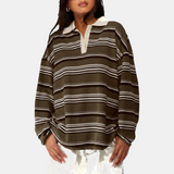 Women's Vintage Striped Polo Collar Oversized Long Sleeve Shirt