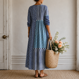 Vreni™ | Boho Maxi Dress with Patchwork Print in Soft Blues