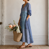 Vreni™ | Boho Maxi Dress with Patchwork Print in Soft Blues