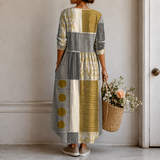 Liseli™ | Boho Maxi Dress with Colour Blocking and Spots in Mustard
