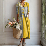 Sieglinde™ | Boho Maxi Dress with Patchwork Print in Mustard and Grey
