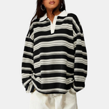 Women's Vintage Striped Polo Collar Oversized Long Sleeve Shirt