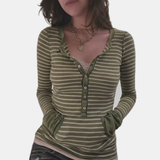 Women's Button Front Striped Knit Long Sleeve Polo Top with Pockets