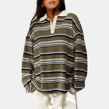Women's Vintage Striped Polo Collar Oversized Long Sleeve Shirt