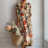 Theresa™ | Boho Maxi Dress with Floral Vine Print in Cream