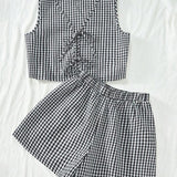 India | 2-Piece Plaid Striped Vest & High-Waisted Loose Shorts