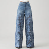 Kirrily - Wide-Leg Denim Pants with Lace